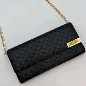 Authentic Gucci Black Micro GG Leather Wallet Clutch Made In Italy Chain As Gift